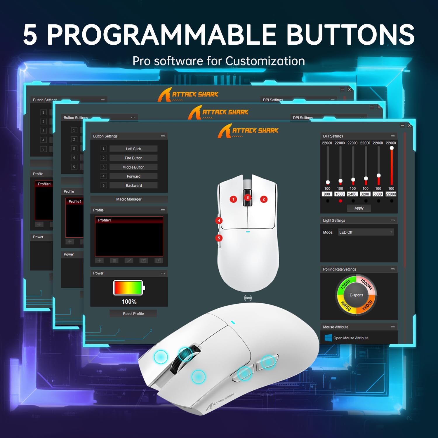 ATTACK SHARK X11 Lightweight Wireless Gaming Mouse with RGB Charging Dock,Tri-Mode-2.4G/USB-C Wired/BT,22K DPI,PAW3311 Optical Sensor,HUYU Switch, 5 programmable Buttons for PC/Mac(White)