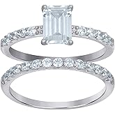Jewels By Lux Sterling Silver Womens Emerald Cubic-Zirconia Duo Bridal Anniversary Wedding Engagement Band Ring Set