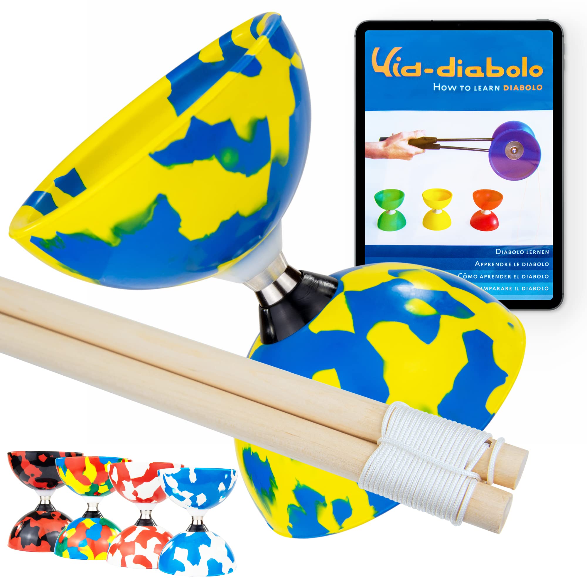 Juggle Dream Jester Diabolo Set - Bearing Axle Professional Diabolo with Wooden Handsticks and Online Learning Video - Juggling Toy (Blue/Yellow) β image 1