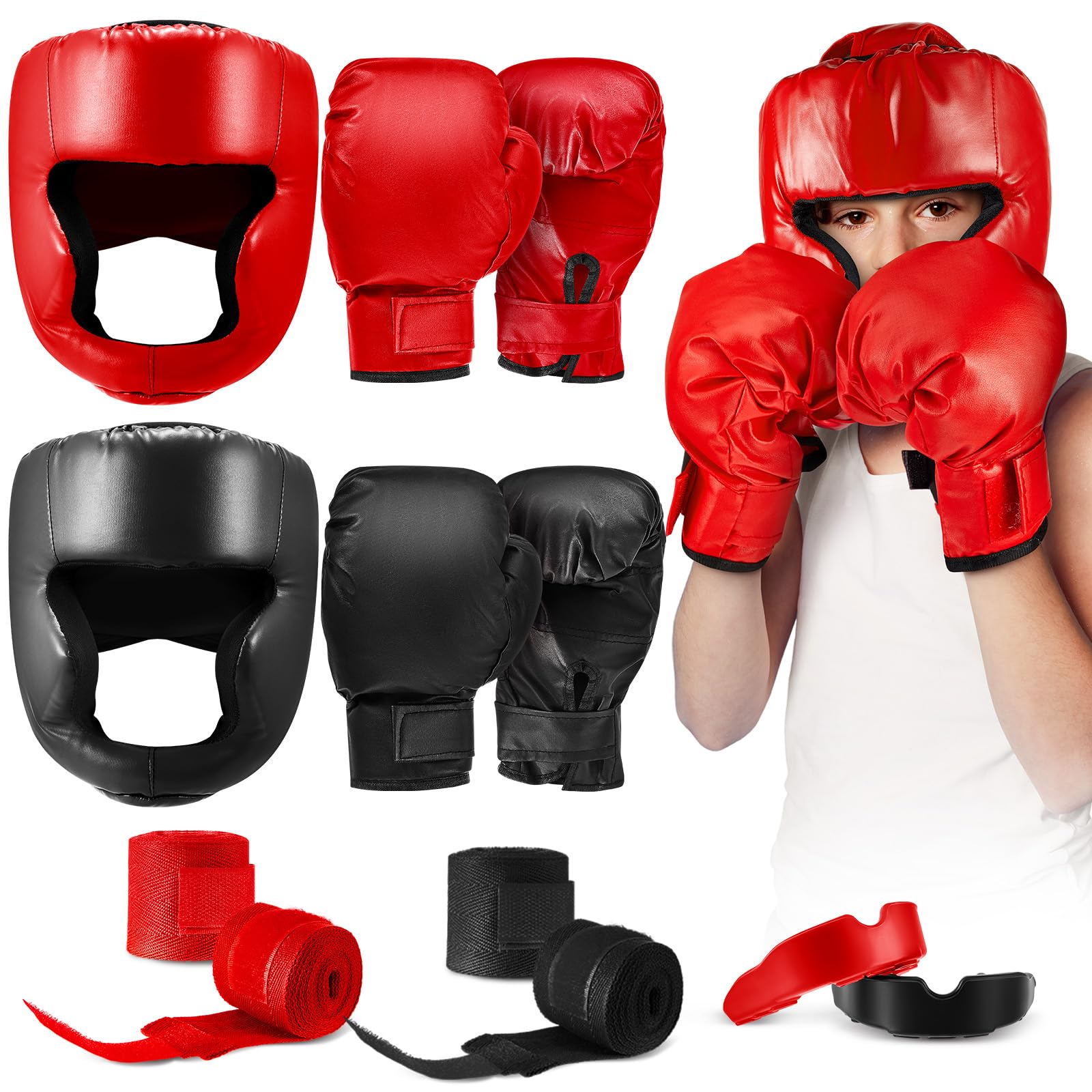 Photo 1 of Kanayu 12 Pcs Kids Boxing Equipment Set for Beginners Ages 6-18 Years Including Boxing Helmet and Gloves Hand Wraps Sport Mouthguards Taekwondo Sparring Gear for Kids and Children(Black, Red)