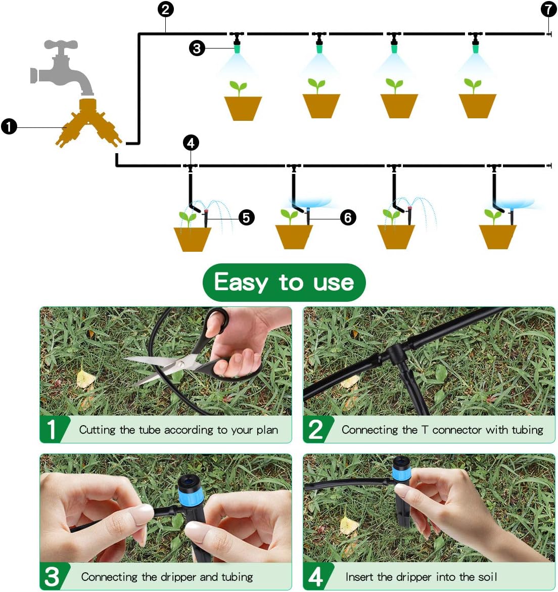 king do way 82Ft/25M Drip Irrigation Kits Garden Watering System with Y Valve, 20 Misting Nozzles 10 Drip Emitters 10 Dripper DIY Mist Cooling Irrigation System for Greenhouse, Patio, Lawn : Garden & Outdoor