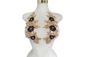 JPUMLEY.PKSN Jpumley. Pksn Handmade Rhinestones on Lace Applique Trim Sewing Beads Sequins Trim Patches for Wedding Dress Accessories 1Pair/Bag 6X14inches (Champagne Black)