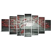 iKNOW FOTO 7 Multi Panel Canvas Wall Art Red Plum Blooming Tree with Full Moon Landscape Painting Artwork Flower Blossom Picture Prints on Canvas Office Living Room Home Decor