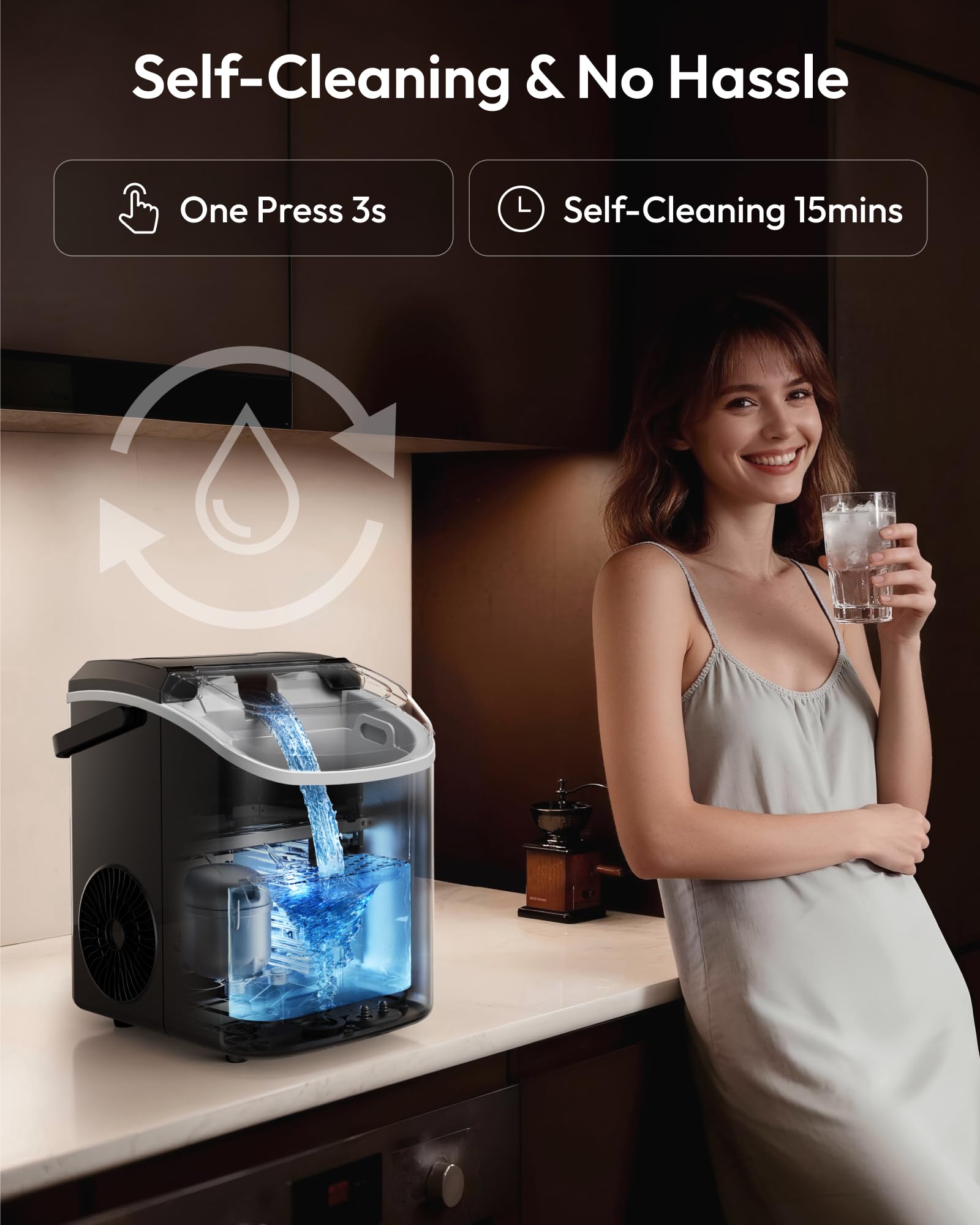 EUHOMY Nugget Ice Maker Countertop with Handle, Ready in 6 Mins, 34lbs Per Day, Removable Top Cover, Auto-Cleaning, Portable Sonic Ice Maker with Basket and Scoop, for Home/Party/RV/Camping (Black)