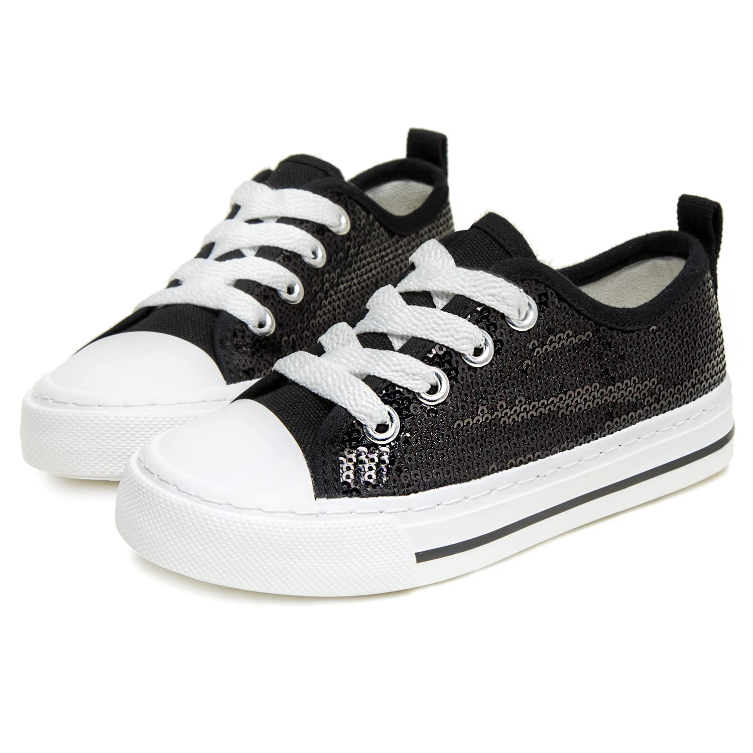 Photo 1 of Toandon Boys Girls Kids Sneakers Glitter Sequins Canvas Shoes Toddler Child Glitter Sparkle Low Top Lace Up Non Slip Lightweight Walking Outdoor Black Size 11