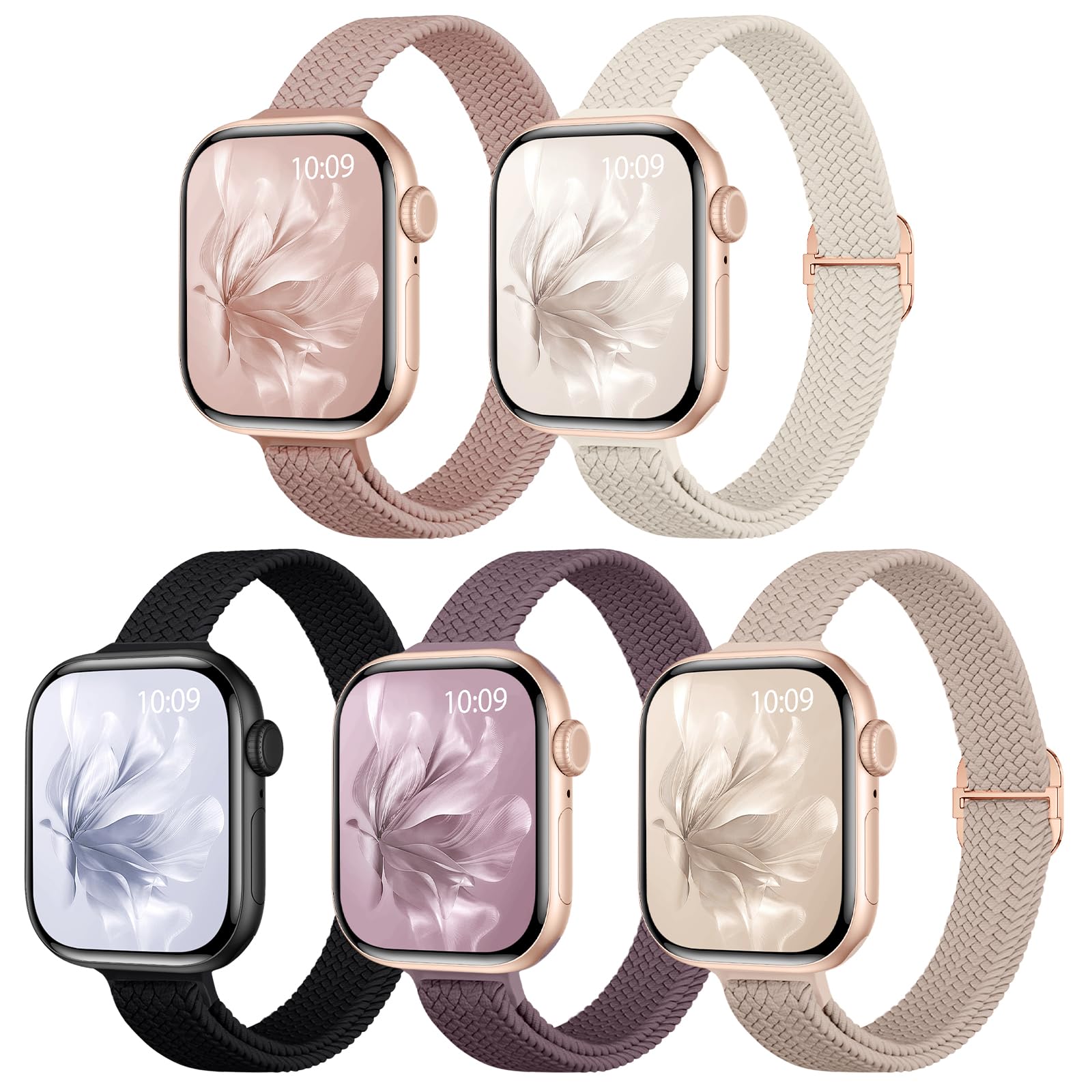 5 Pack Slim Braided Stretchy Bands Compatible with Apple Watch Band 40mm 41mm 42mm 38mm 44mm 45mm 46mm 49mm Women Men, Thin Elastic Nylon Solo Loop Straps for iWatch Series 10 9 8 7 6 5 4 3 11 SE 2/1