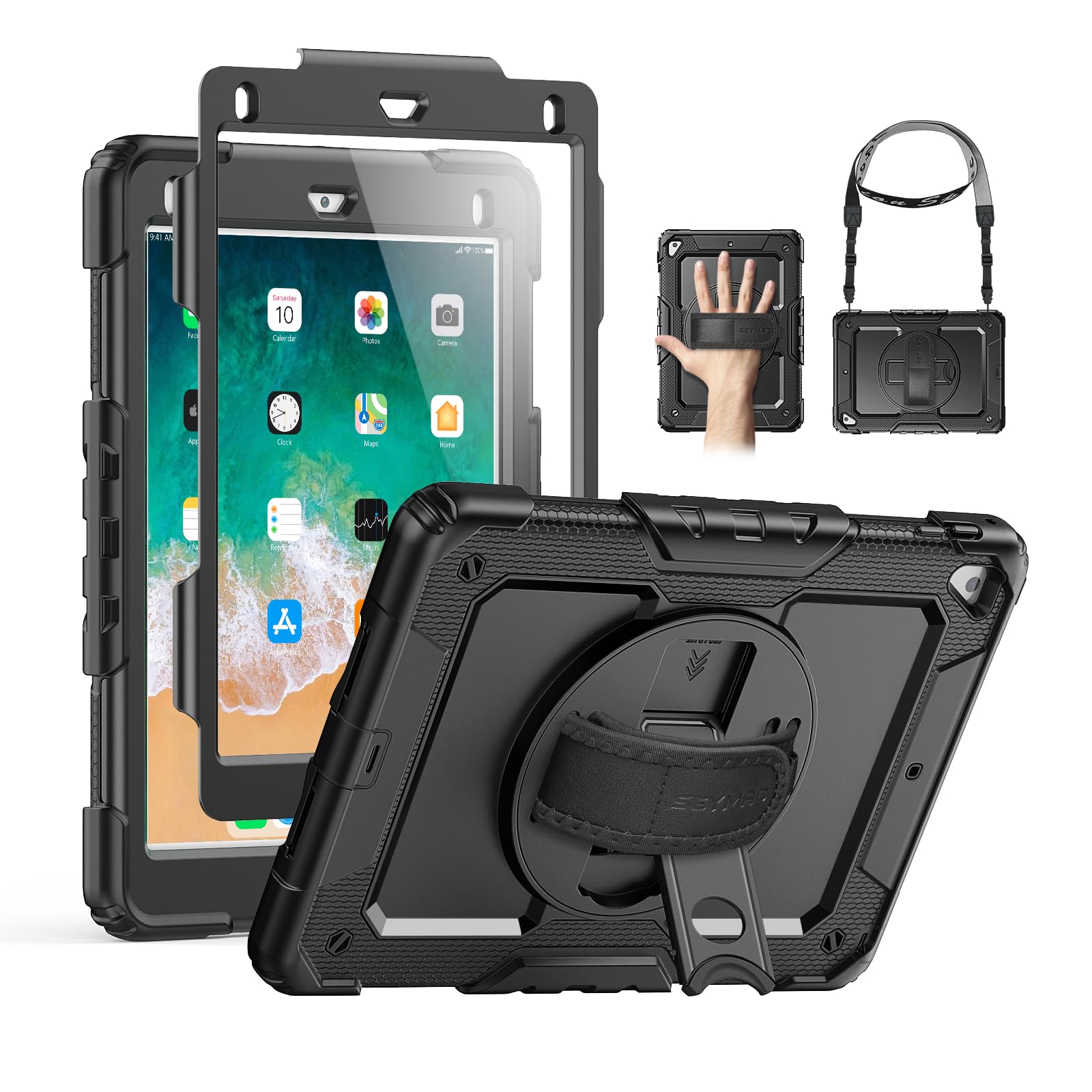 SEYMAC Case for iPad Air 2, iPad 5th/6th Generation, iPad Pro 9.7, Shockproof Protective Case with 360° Degree Stand [Hand & Shoulder Strap] Screen Protector for iPad 9.7 Inch, Black