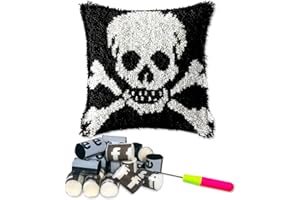 DL-YTG Latch Hook Kits Pillow Black Skull Crochet Yarn Cushion Colour Printed Canvas Rug Needlework DIY Pillowcase Hook and Latch Kit Christmas Home Arts Crafts Sofa Decoration 42x42cm/16X16inch