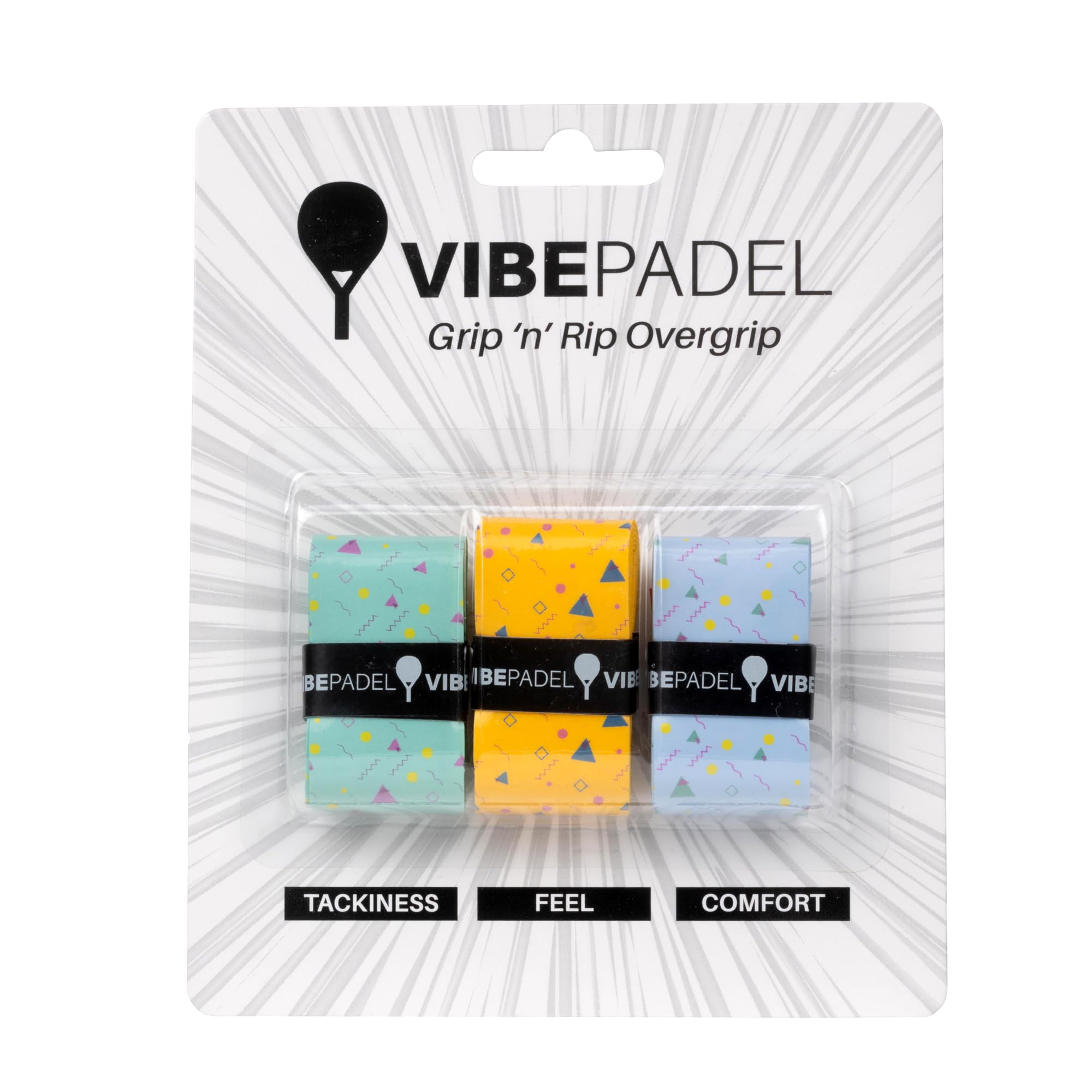 VIBEPADEL | Padel Grip for Tacky Feel | Grip 'n' Rip Padel Overgrip | Padel Racket Grip Tape | Padel, Pickleball, Squash and Badminton Racket Grip Tape | Padel Accessories and Padel Gifts | 3 Pack