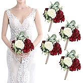 SEMONONIA Artificial Flowers Bridesmaid Bouquets - Set of 4 Bridesmaid Bouquet Burgundy White Handmade Silk Floral Bouquet for Wedding Ceremony Anniversary, Bridal Shower, Home Table Decorations