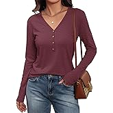 Meetrendi Womens Long Sleeve V Neck T Shirts 2025 Fall Tops Casual Loose Fit Henley Cute Trendy Tee