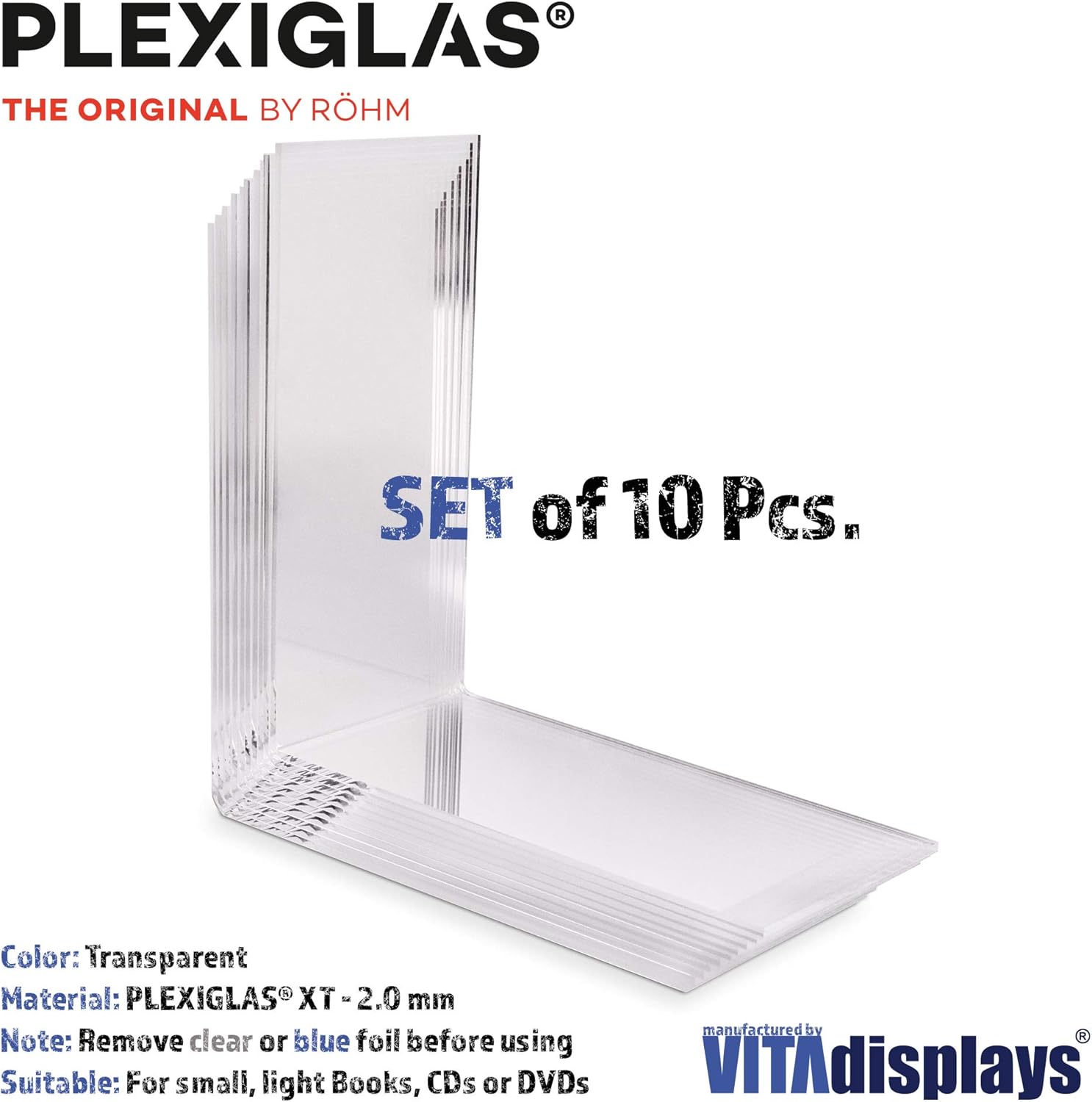 Plexiglas® Pack of 10 Bookends Eco (4.0 to 7.0 x 14.0 x 14.0 cm) for Small Books/Paperback CDs Made of Original PLEXIGLAS® - Image 5