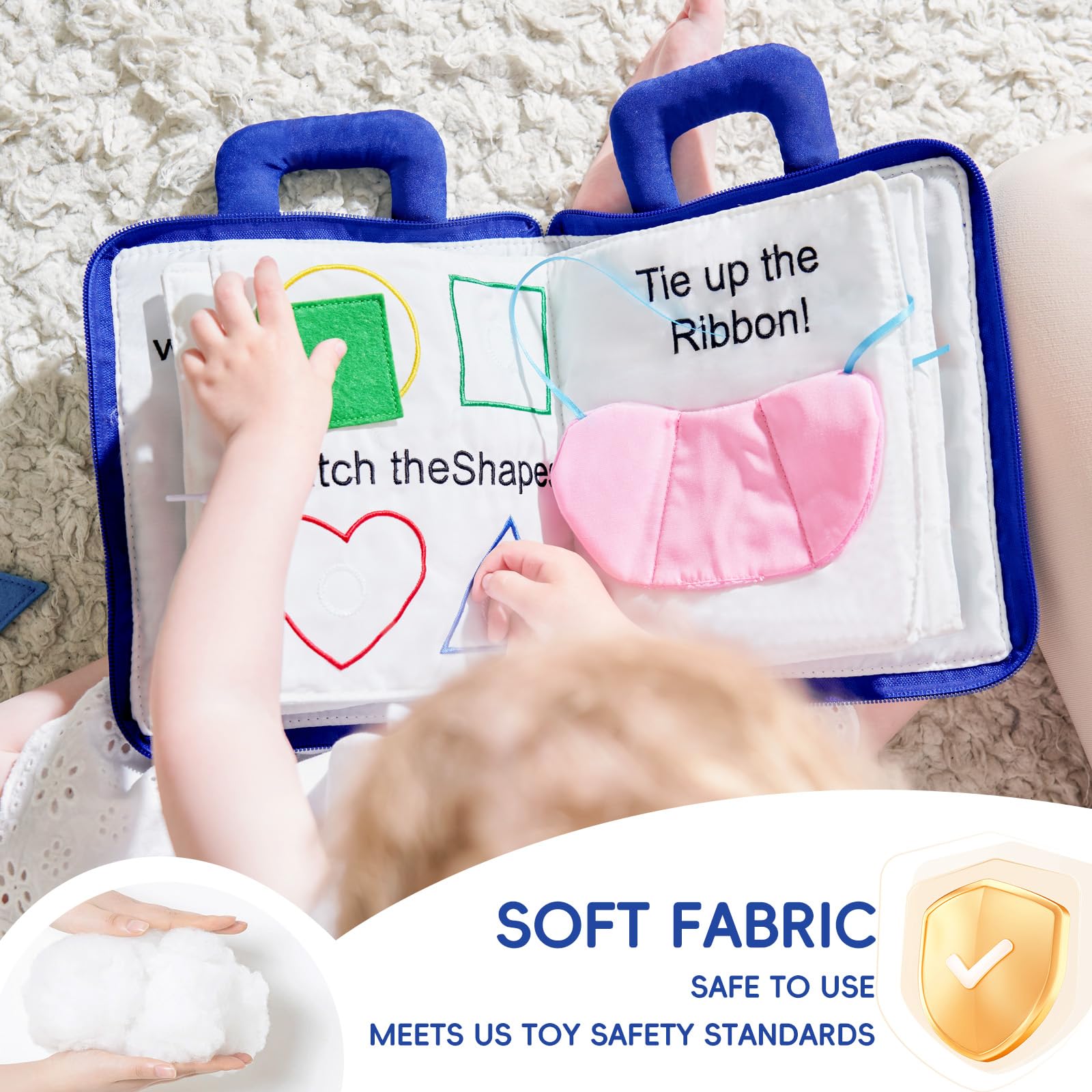 Jollybaby Baby Soft Busy Books -My Quiet Book, Travel Toy & Montessori Sensory Educational, 10 Preschool Learning Activities for 1 2 3 Year Old Toddlers Boy Girl(Blue)
