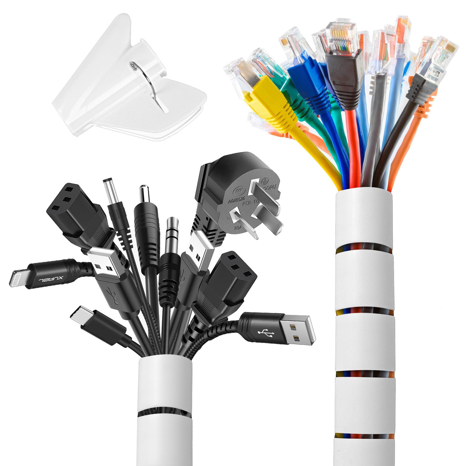 Romon Pack of 2 Cable Sleeves, 22-28 mm x 3 m Spiral Hose Cable Organiser with 1 Cable Clip, Cable Duct Flexible Cable Management for TV PC