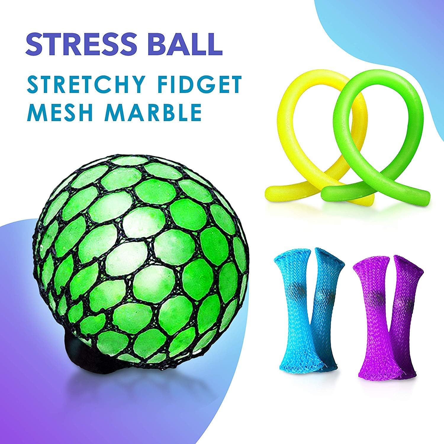 Stress Ball + Mesh Toys Set Stress Relief Toys Squishy Ball Toys for Kids Novelty Toys Boys & Girls Fidget Sensory Toys for Children Stretch Glitter Color Anti Stress Upgraded Grape Slime DNA Ball
