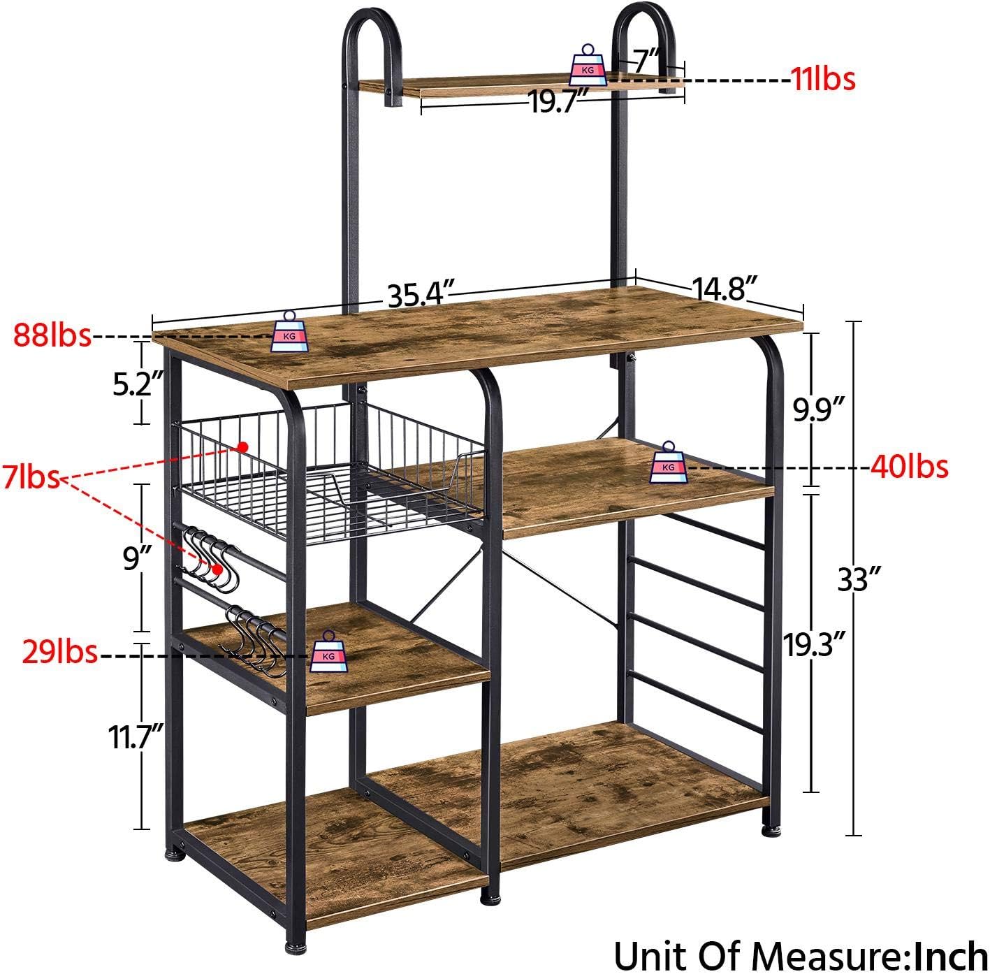 Yaheetech 35.5 inch Industrial Kitchen Baker's Rack, 4-Tier Microwave Oven Stand Workstation Organizer Shelf with Metal Frame, Utility Storage Shelf for Spices with 10 S-Hooks: Kitchen & Dining