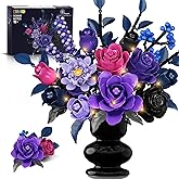 HiWEEGO Flowers Bouquet Building Set with LED Light - 17 Artificial Flowers Toy, 887PCS Purple Roses Botanical Collection Building Block, Gothic Home Decor Valentine Birthday Gifts for Adults Women