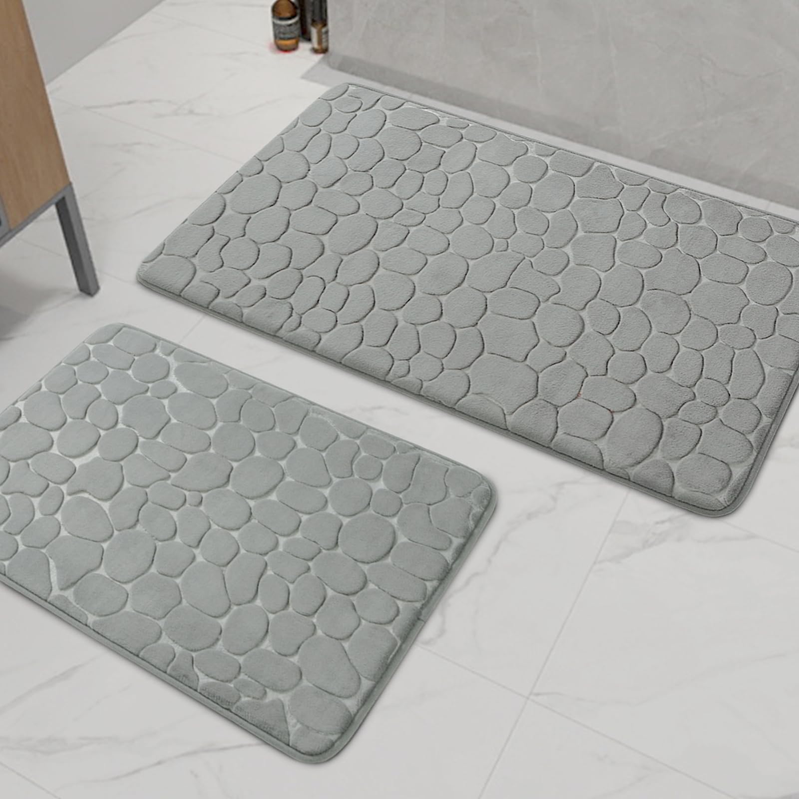 chakme Bathroom Rugs Sets 2 Pieces, Cobblestone Memory Foam Bathroom Mats Set Thick, Non-Slip Bath Mats for Bathroom, Absorbent, Washable, Light Grey Bath Rugs for Tub, Toilet and Floor