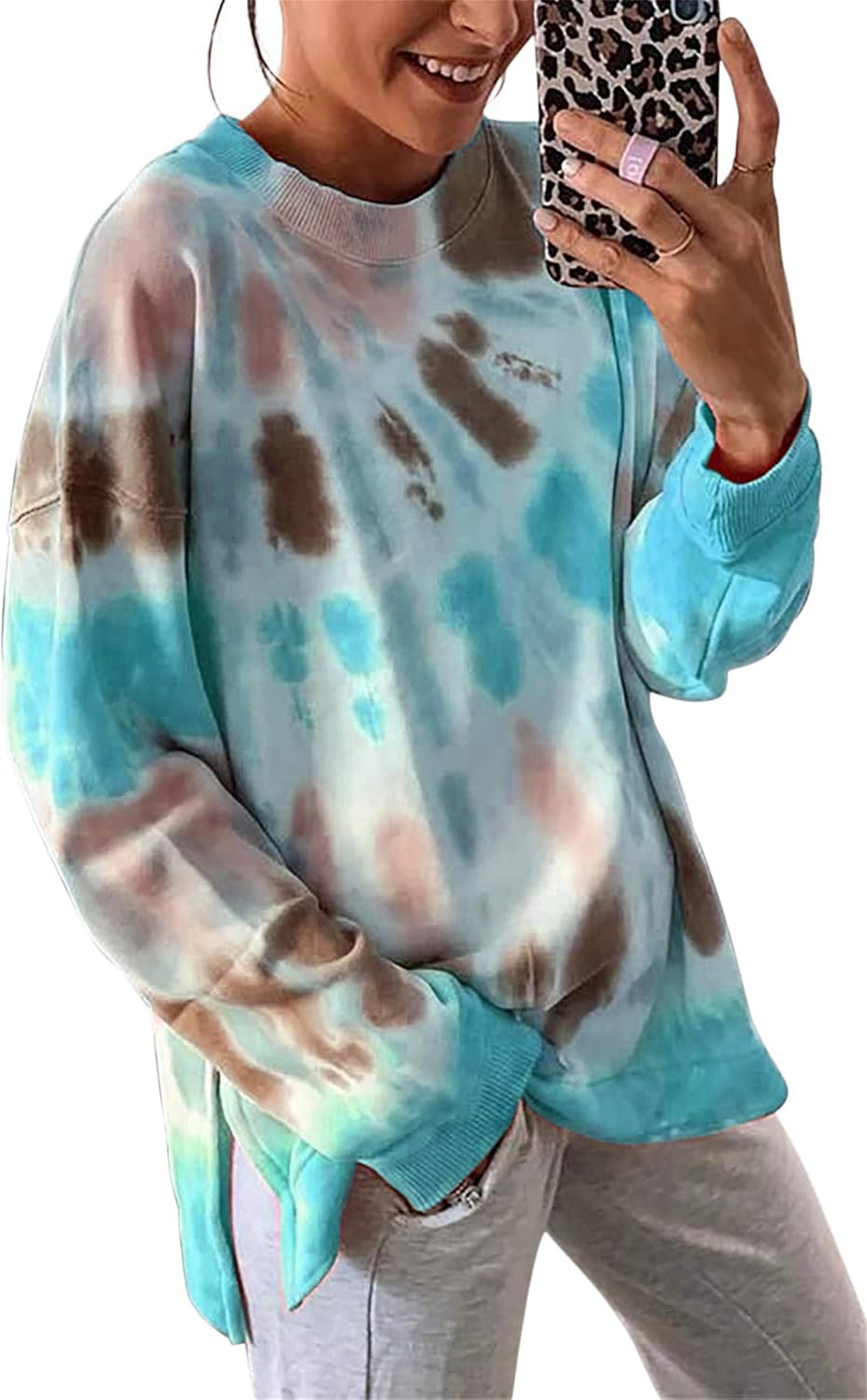 NEYOUQE Women Tie Dye Crewneck Pullover Sweatshirt Casual Color Block Loose Long Sleeve Tops