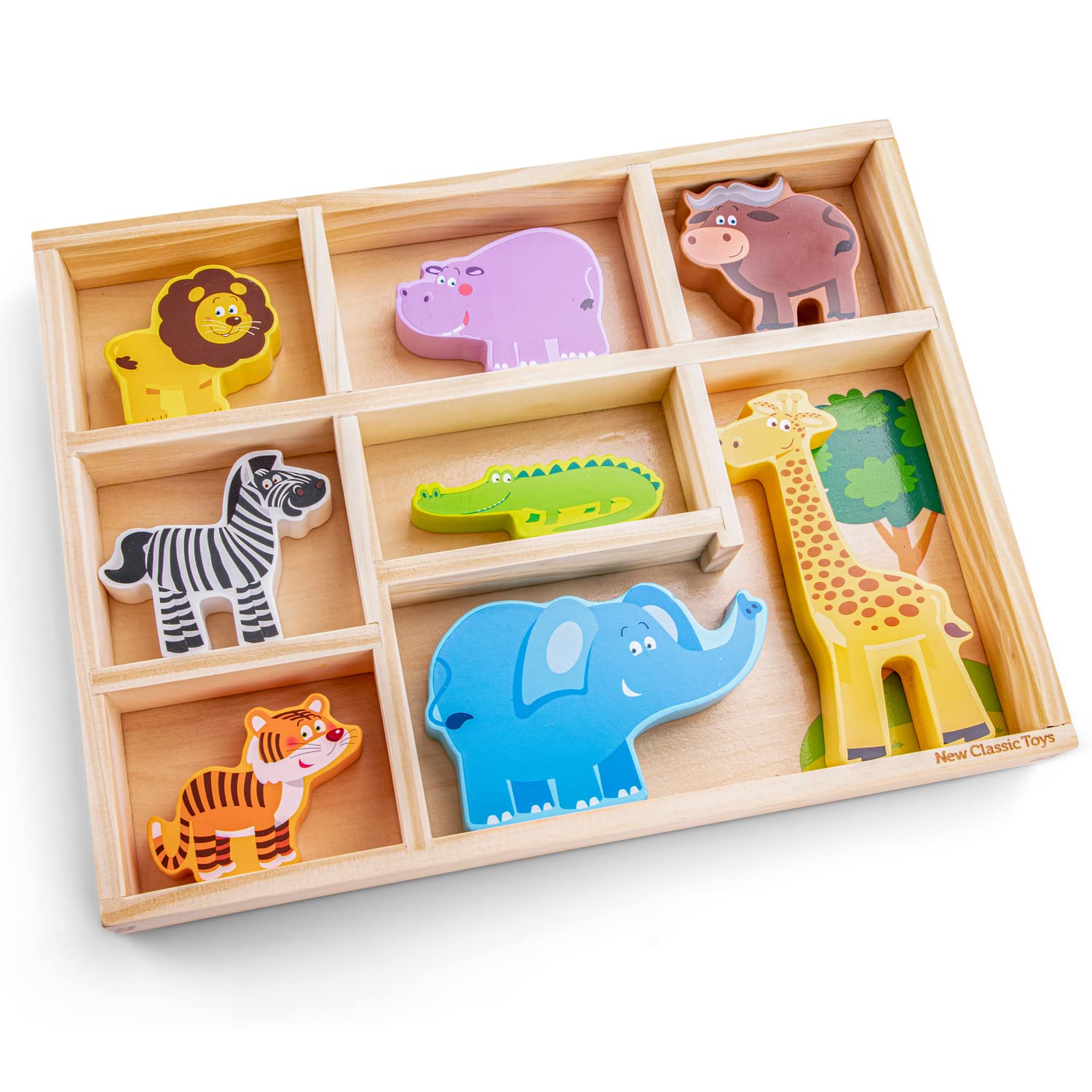 Woet® Wooden Toy Safari Animals Set for Kids - 8 Pieces in Wooden Storage Box - Small World Play Figures - Pretend Play Toy - Age 2 Years+
