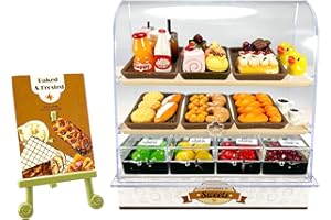 HKLMRO 86 Pieces Miniature Bakery Case Cake Stand Display Cabinet with Food Set Mini Plastic Counter Dessert Donuts for 1:12 Doll House Store Scene Decoration Gift Dollhouse Bread Shop Model Playhouse