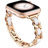 Missair Slim Bands Compatible with Apple Watch Band 38mm 40mm 41mm 42mm 44mm 45mm, Women Metal Leather Bracelet Thin Stainless Steel Wristband Chain Strap for iWatch Series 8/7/6/5/4/3/2/1/SE