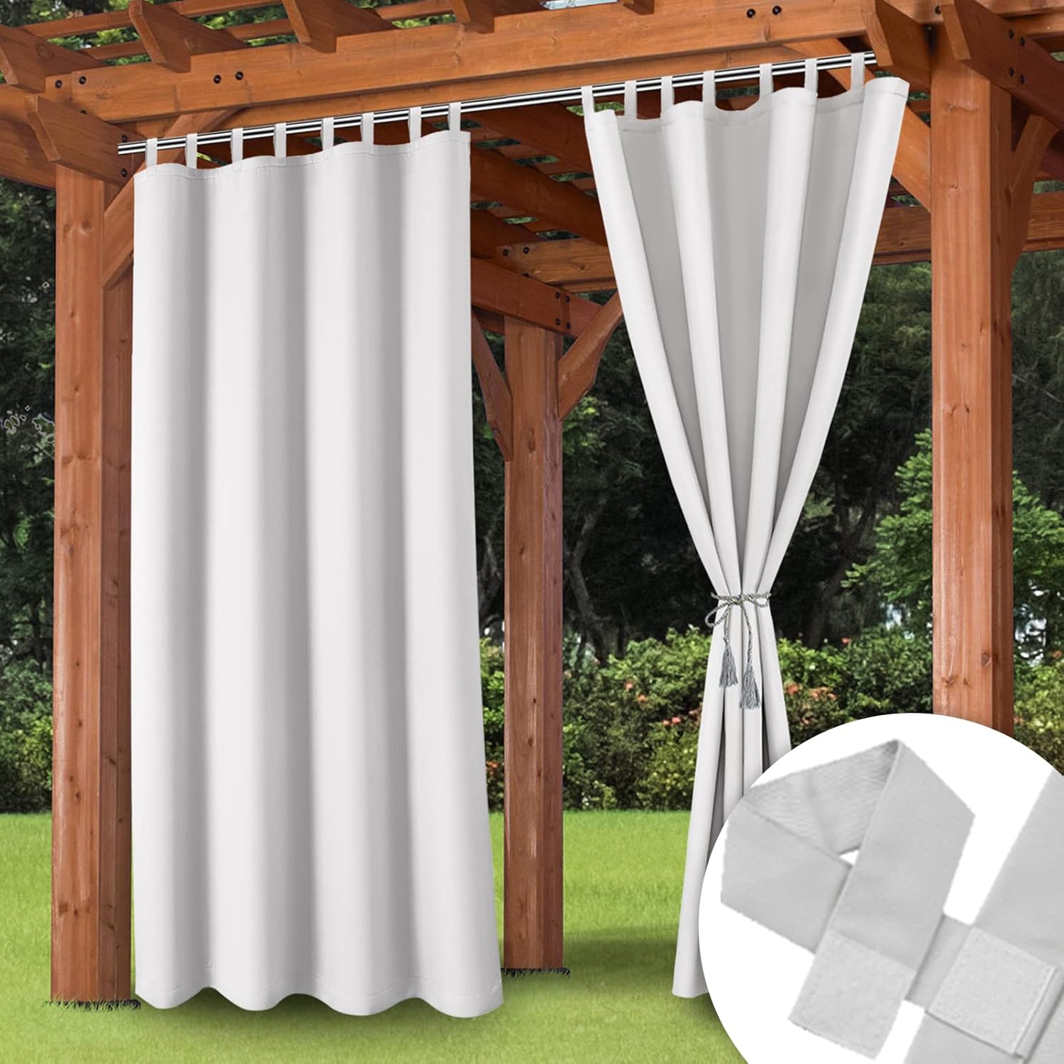 Outdoor Curtains - 2 Panels Waterproof Outdoor Curtains for Patio, Detachable Tab Top for Easy Hanging & Unsling, Thermal Insulated Curtains Keep Privacy for for Porch/Pergola/Cabana/Gazebo, 52 x 96 inch, Greyish White