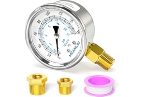 MEANLIN MEASURE 0~160Psi Dry Pressure Gauge Stainless Steel 1/4" NPT 2" FACE DIAL Waterproof for Air Compressor RV Regulator Water Pressure Tester Lower Mount, with 1/2" NPT and 3/8" NPT Hex Bushing