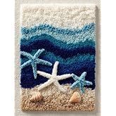 DIY Latch Hook Rug Kit Seaside Beach Sea Wave and Starfish Sea 38x52cm-3 | Crochet Yarn Hook and Latch Tapestry Mat with Pattern Easy for Beginners Handmade Craft Set for Home Decor Christmas Gift
