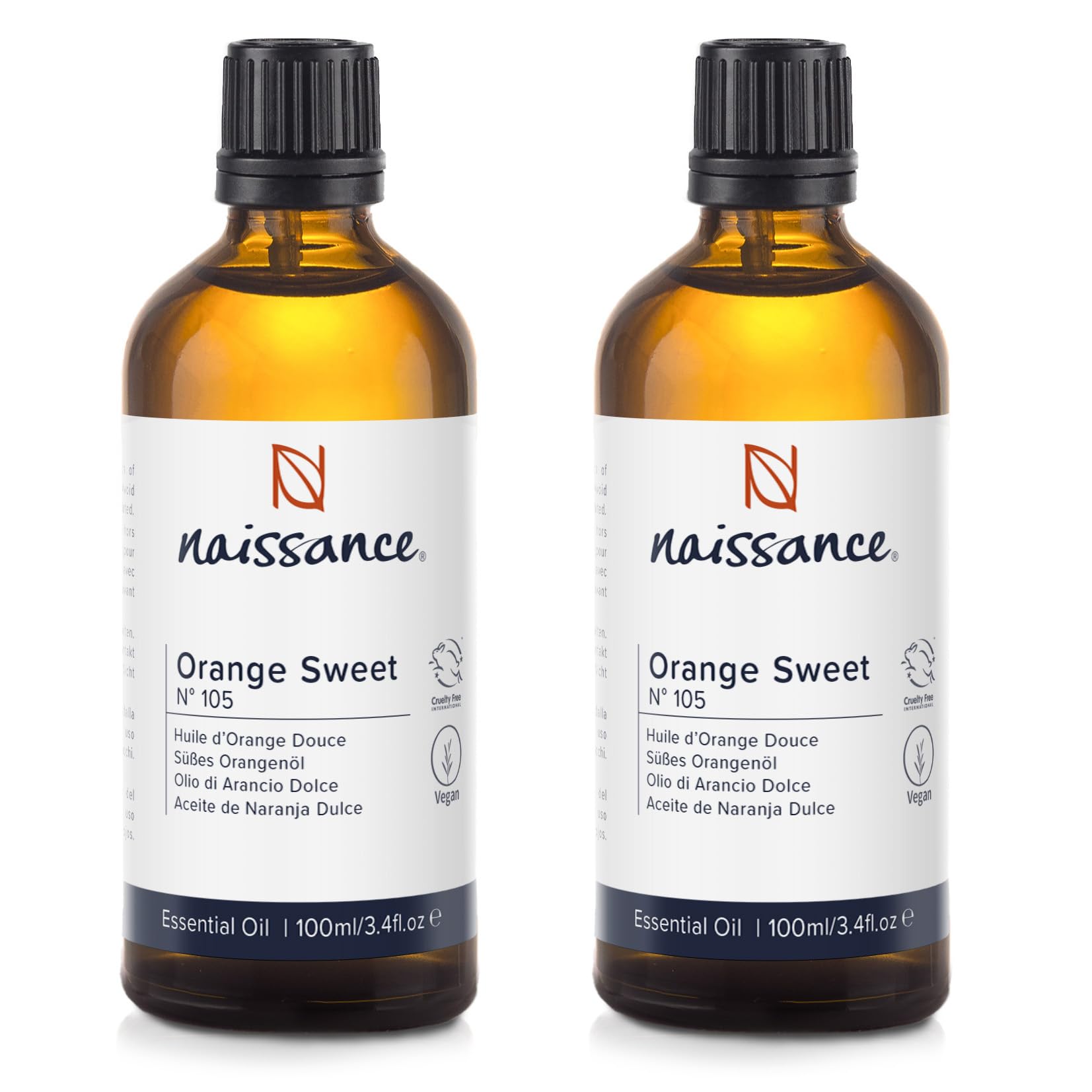 Naissance Sweet Orange Essential Oil (No. 105) - 200ml (2 x 100ml) - Pure, Natural, Cold Pressed, Cruelty Free, Vegan and Undiluted - Use in Aromatherapy & Diffusers