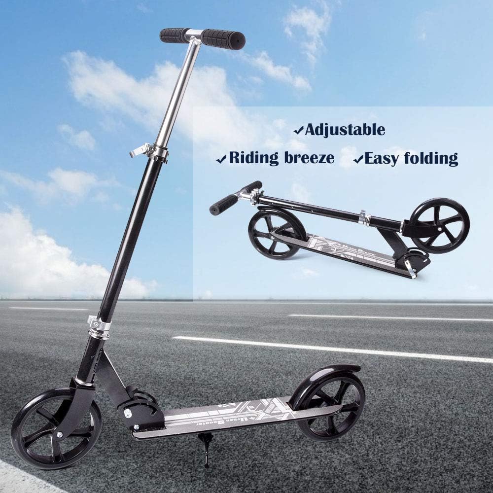 Scooter for Adults Teens Easy Folding Kick Scooter with Shoulder Strap 8 inches Big Wheels Adjustable Rear Fender Brake Durable Push Commuter Scooter Support 220 lbs Suitable for Age 12 Up