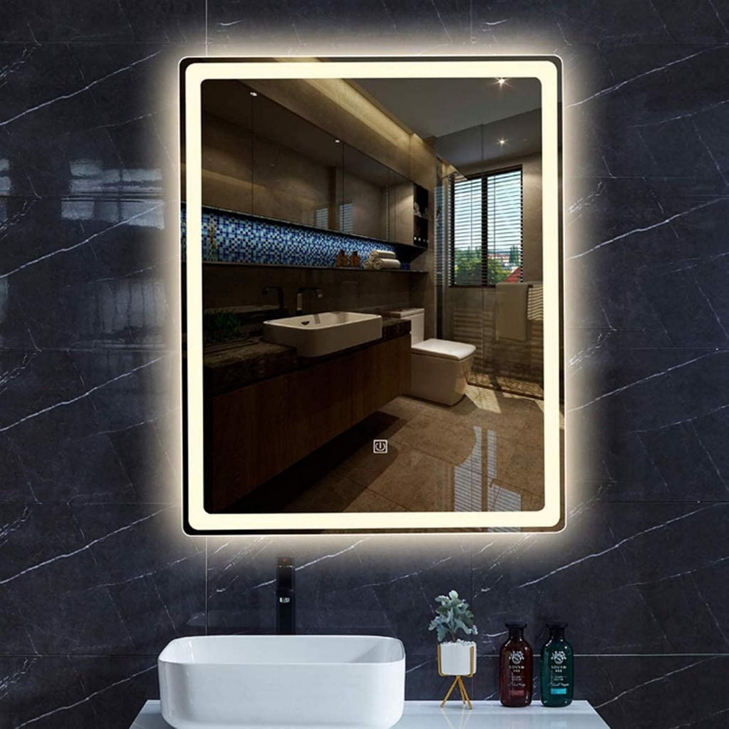 ZHTY Rechteckiger vertikaler LED-beleuchteter Spiegel, Touch-Taste