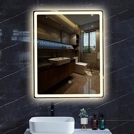 ZHTY Rechteckiger vertikaler LED-beleuchteter Spiegel, Touch-Taste