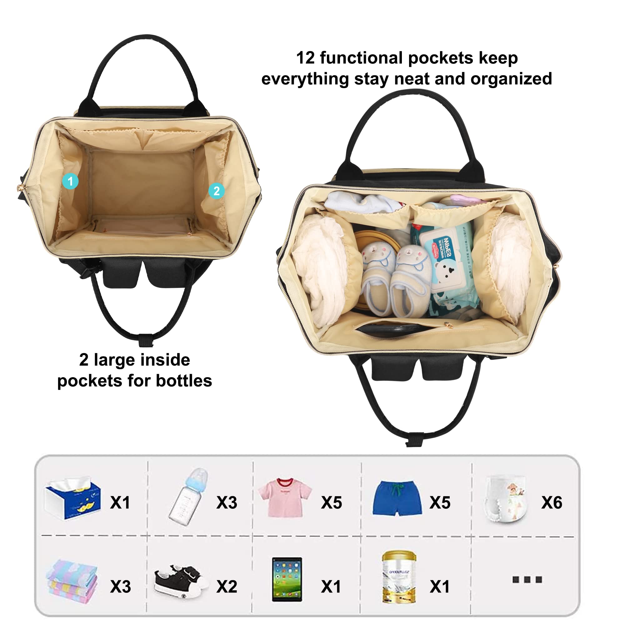 Diaper Bag Backpack Multi-Function Baby Bag With Large Capacity and Insulated Pockets Diaper Backpack Organizer Bag for Mom/Dad, Black