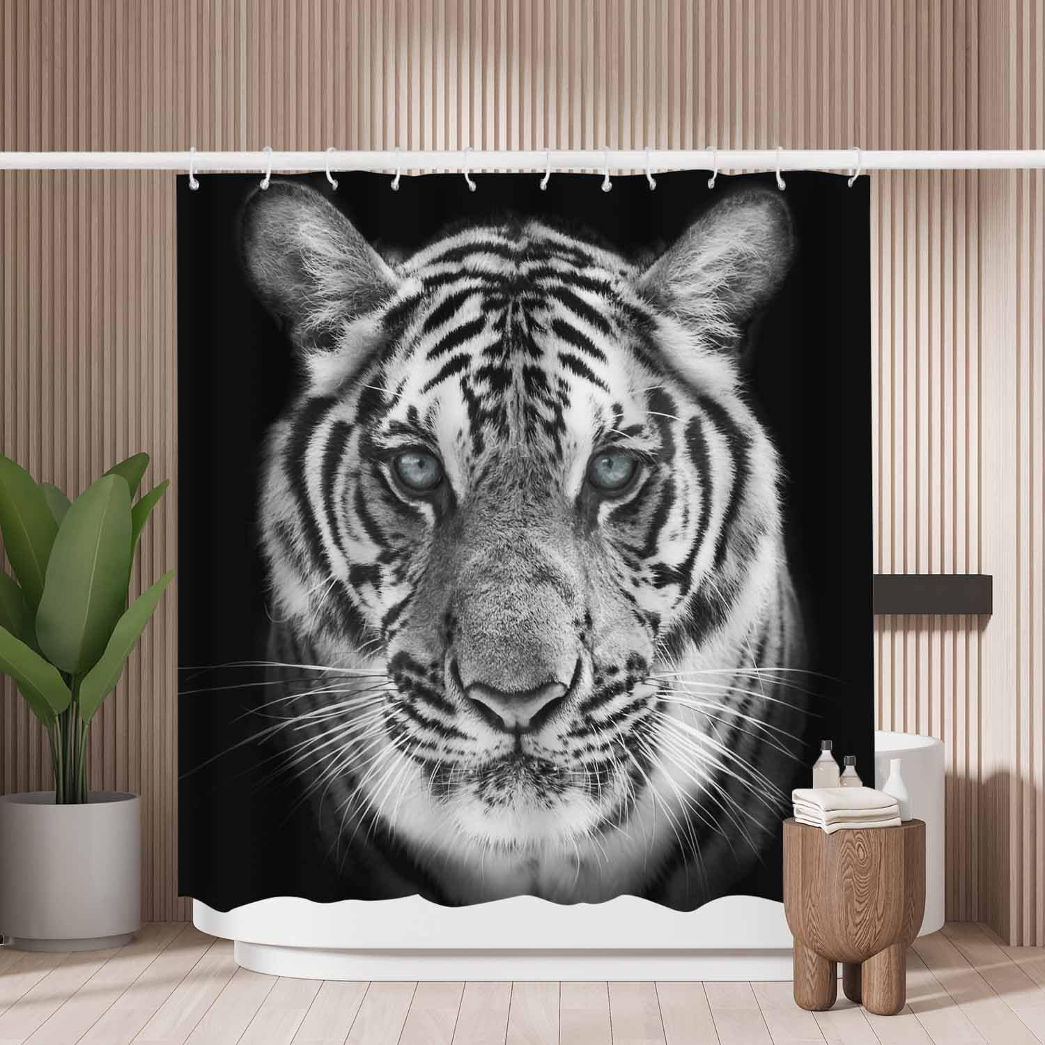 Woutay Shower Curtain Water Repellant Fabric Black Tiger,Mould Proof Resistant,Polyester,with 12 Plastic Hooks