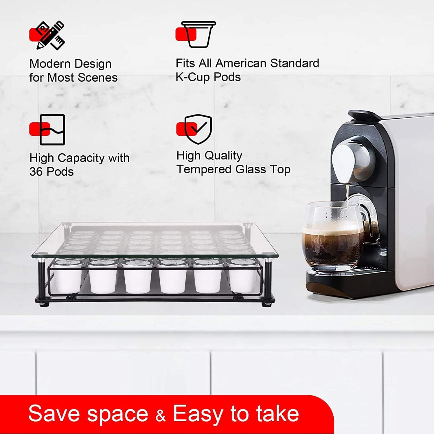 Coffee Pod Holder, Tempered Glass Top Coffee Pod Storage Drawer for K Cup Coffee Pods, Black Coffee Capsules Holder Compatible with 36 Pods, 6 Pods for Each Line: Kitchen & Dining