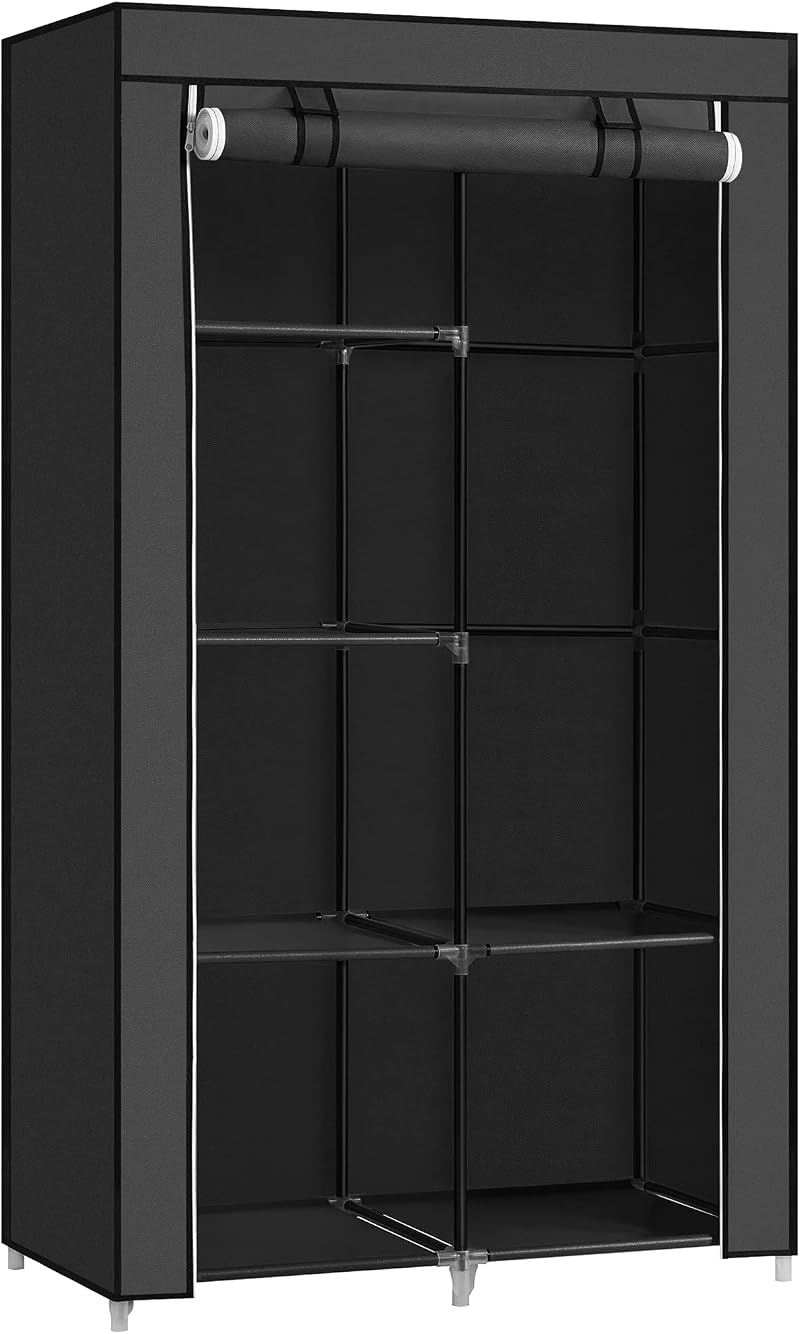 SONGMICS Fabric Wardrobe 6 Shelves Hanging Rail 168 cm Black RYG84H