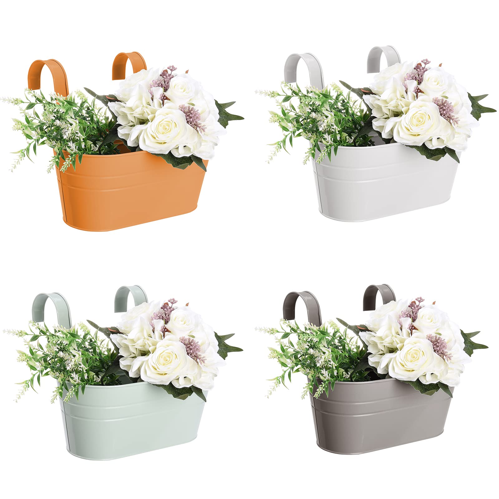 Pumpumly 4Pcs Metal Hanging Flower Pots - Railing Planter Balcony Planters for Railing,Over Fence Planters with Double Detachable Hooks Wall Hanging Planter for Garden Home Decoration