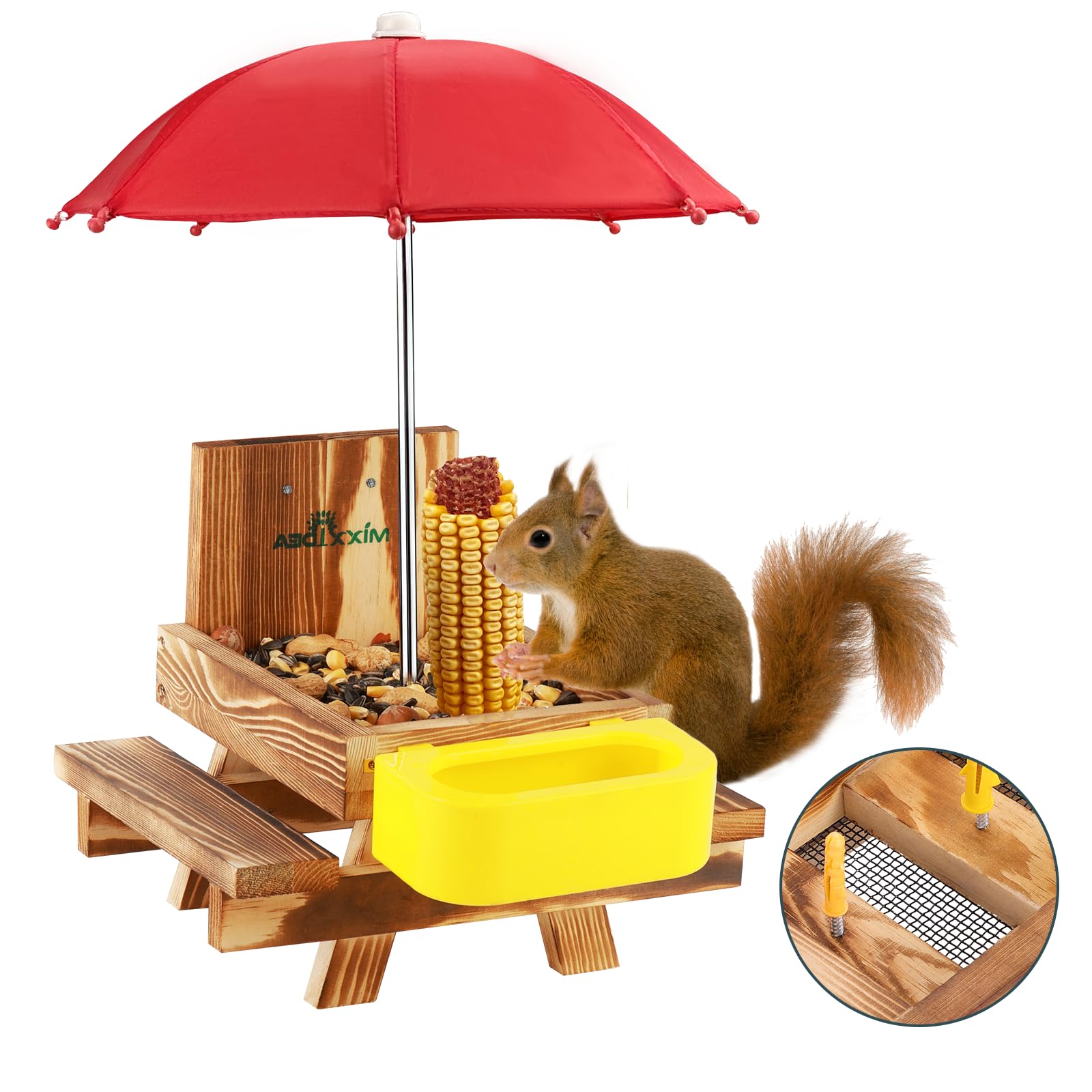 Photo 1 of MIXXIDEA Wooden Squirrel Feeder Table with Water Bowl, Squirrel Picnic Table for Outside with Umbrella, Brown Squirrel Feeder with Corn Cob Holder Cute Chipmunk Feeder (Brown)