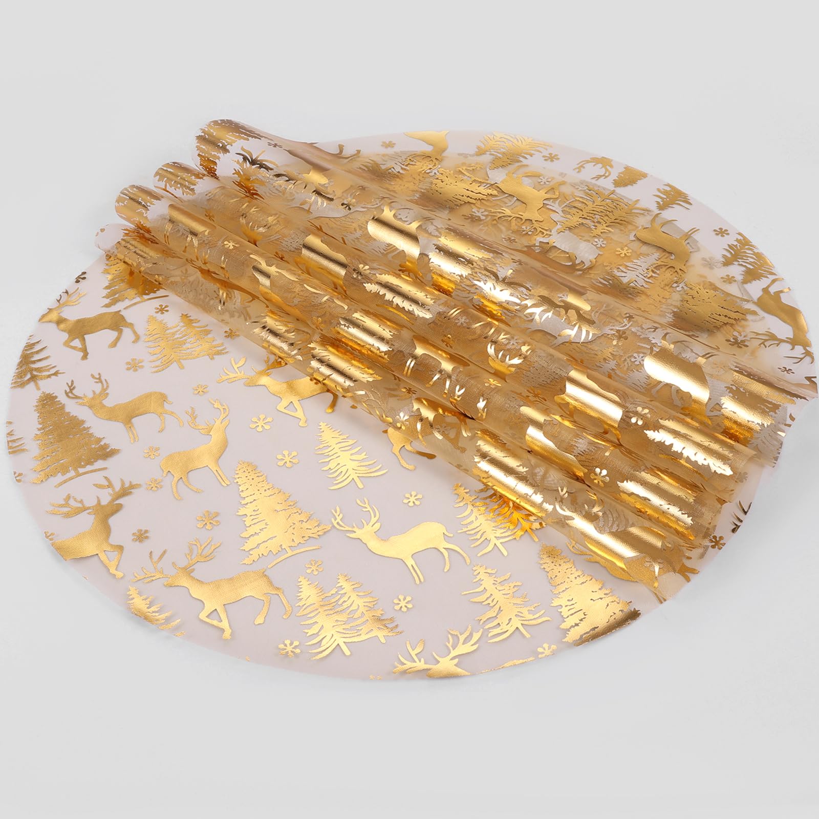 Photo 1 of 100 Pcs Christmas Placemats 13 Inch Gold Reindeer Mesh Place Mats Disposable Round Cute Elk Snow Forest Xmas Table Mat for Winter Seasonal Holiday Party Decor Kitchen Dining Room Farmhouse Home Decor
