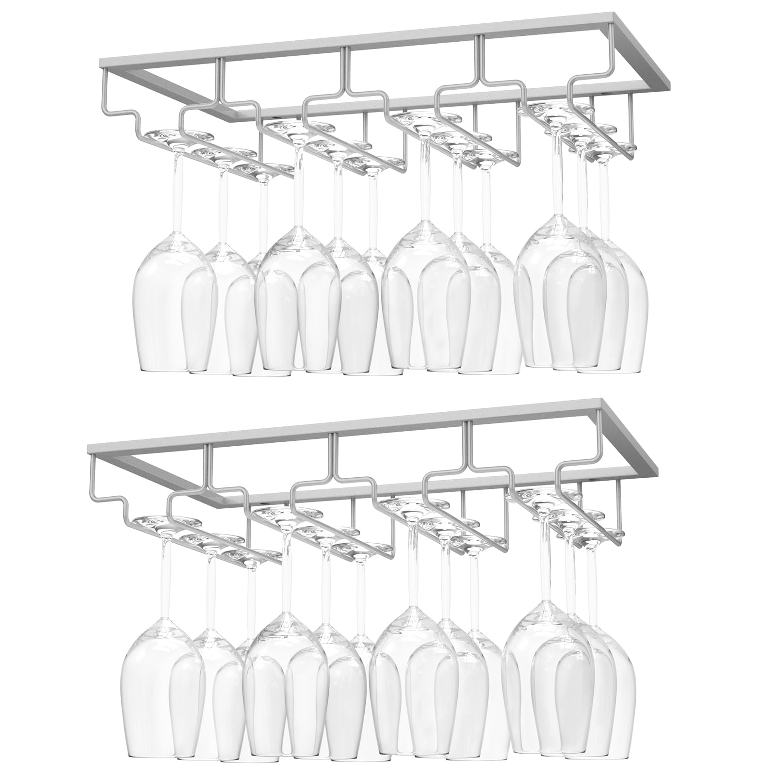 Nuovoware Wine Glass Rack, [2-Pack] Wine Glass Hanger Rack Under Cabinet Stemware Wine Glass Holder Storage Hanger for Bar Kitchen Cabinet (4 Rows), Silver