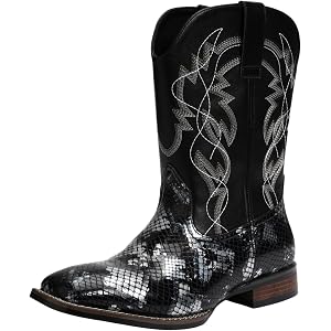 Gnvkxeu Men's Western Cowboy Boots, Square Toe with Classic Embroidery, Faux Snakeskin Print, Mid-Calf Pull-On, Slip Resistan
