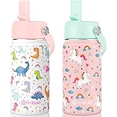 Fimibuke Kids Insulated Water Bottle, 14oz BPA FREE Double Wall Vacuum Tumbler 18/8 Stainless Steel Leak Proof Kids Cups with Straw Metal Bottle for School Boy Girl (2 Pack, UNICORN/WHITE DINOSAUR)