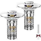Bathroom Sink Stopper, Pop-up Bathroom Sink Drain Strainer Stopper with Removable Stainless Steel Strainer Filter Basket Hair Catcher, Sink Drain Stopper for Bathroom Sink Stopper Replacement (2PCS)