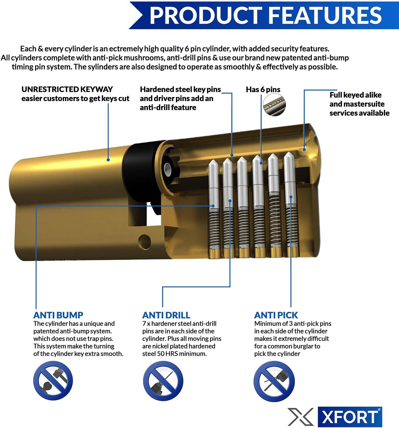 XFORT Brass 40/50 Euro Cylinder Lock (90mm), UPVC Door Lock, 6 Pin Cylinder Lock with 3 Keys, PVC Door Lock - Image 4