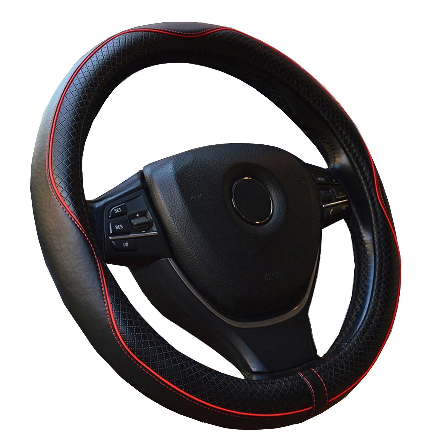 Genuine Leather Car Steering Wheel Cover - Heavy Duty, Anti-Slip Embossing Pattern ,Durable, Breathable & Odor Free, Universal 15 Inch Steering Cover (Black with Red Line)