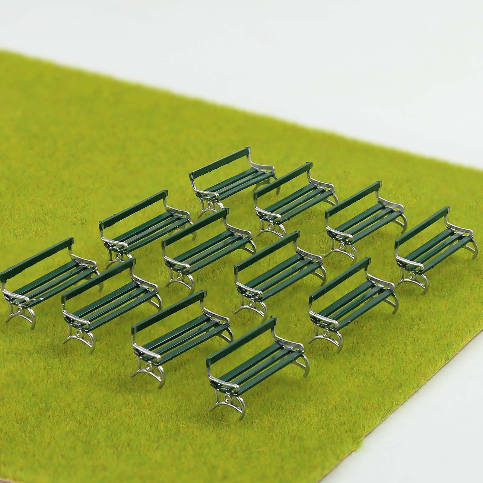 Evemodel 12pcs 1:87 Scale Model Benches for H0 Gauge Railway Leisure Chair Bonsai Decor (B Green with Silver)