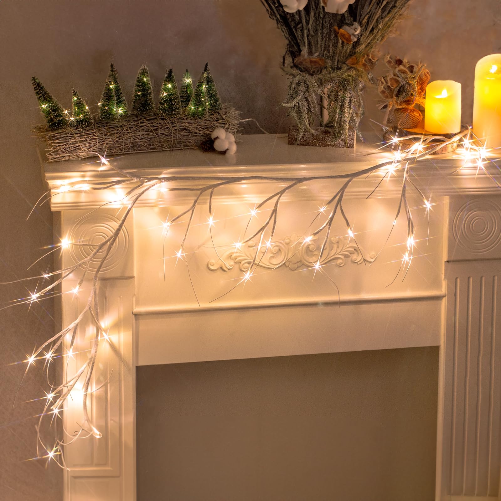 Eambrite Christmas Decorations 1.8m White Garland with 48 Warm White Lights Waterproof Pre-Lit Vine Twig Plug in for Indoor Outdoor Home Garden Party Decoration