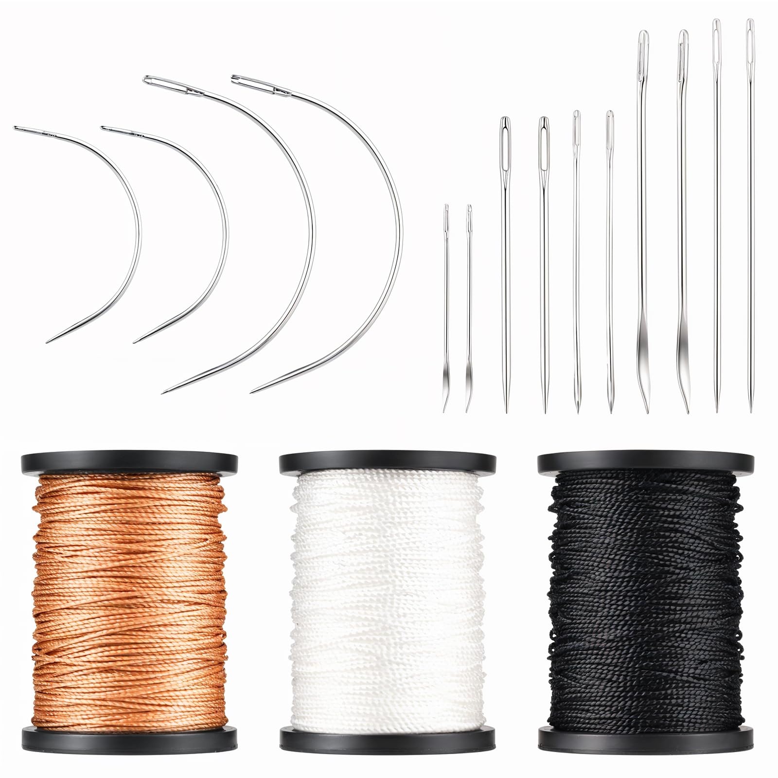 Piriuuo Upholstery Repair Kit, Heavy Duty Hand Sewing Needles, 7 Styles of Leather Canvas Sewing Needles with 3 Rolls Upholstery Thread (Heavy Duty Nylon, 65.6 Yard Per Roll)