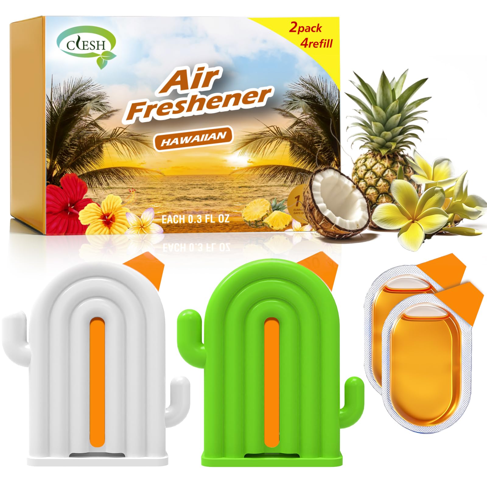 Photo 1 of Air Freshener for Home, 2 Pack, 2 Refill, Hawaiian Scent, Odor Eliminator, Up to 120 Days, Cactus-shaped Freshener for Closet Bathroom, Cute Home Decor, White and Green